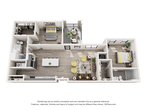 Floor plan for 2 beds, 2 baths, 1383 sqft